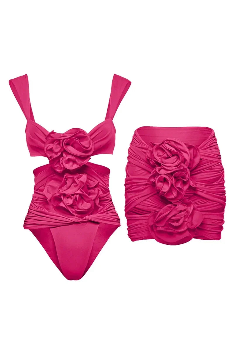 3D Floral Cutout Strappy Swimsuit Set
