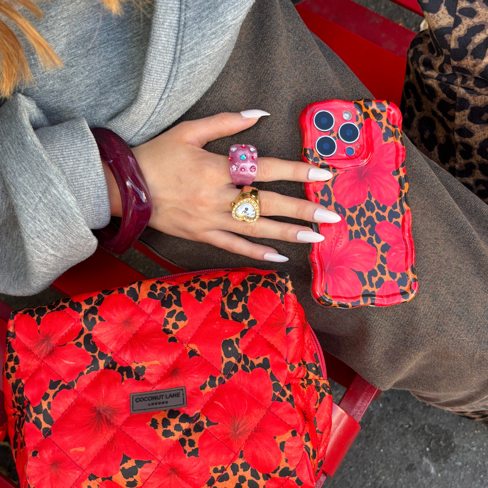 Saten Kapitone Makyaj Çantası - Leopar Hibiskus