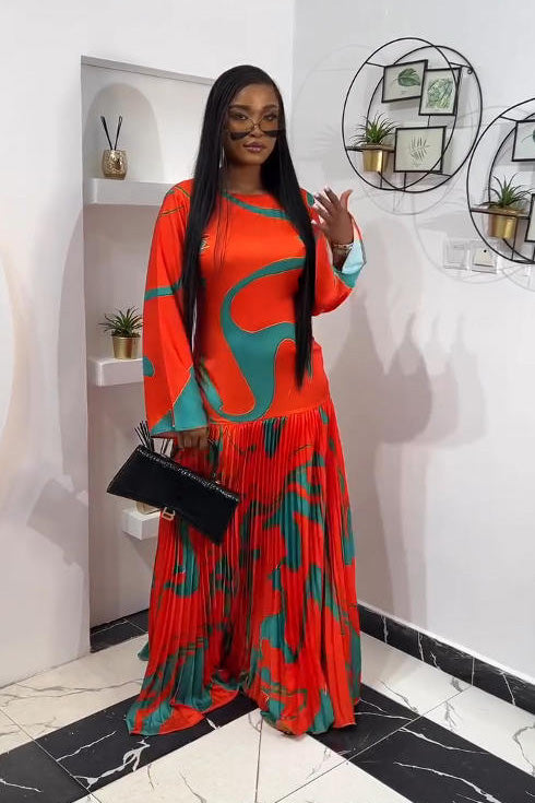 Artistic Print Deep V Pleated Maxi Dress