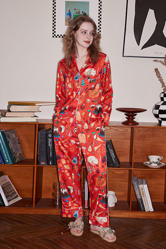 Dessert Print Long Sleeve Ice Silk Loungewear Set