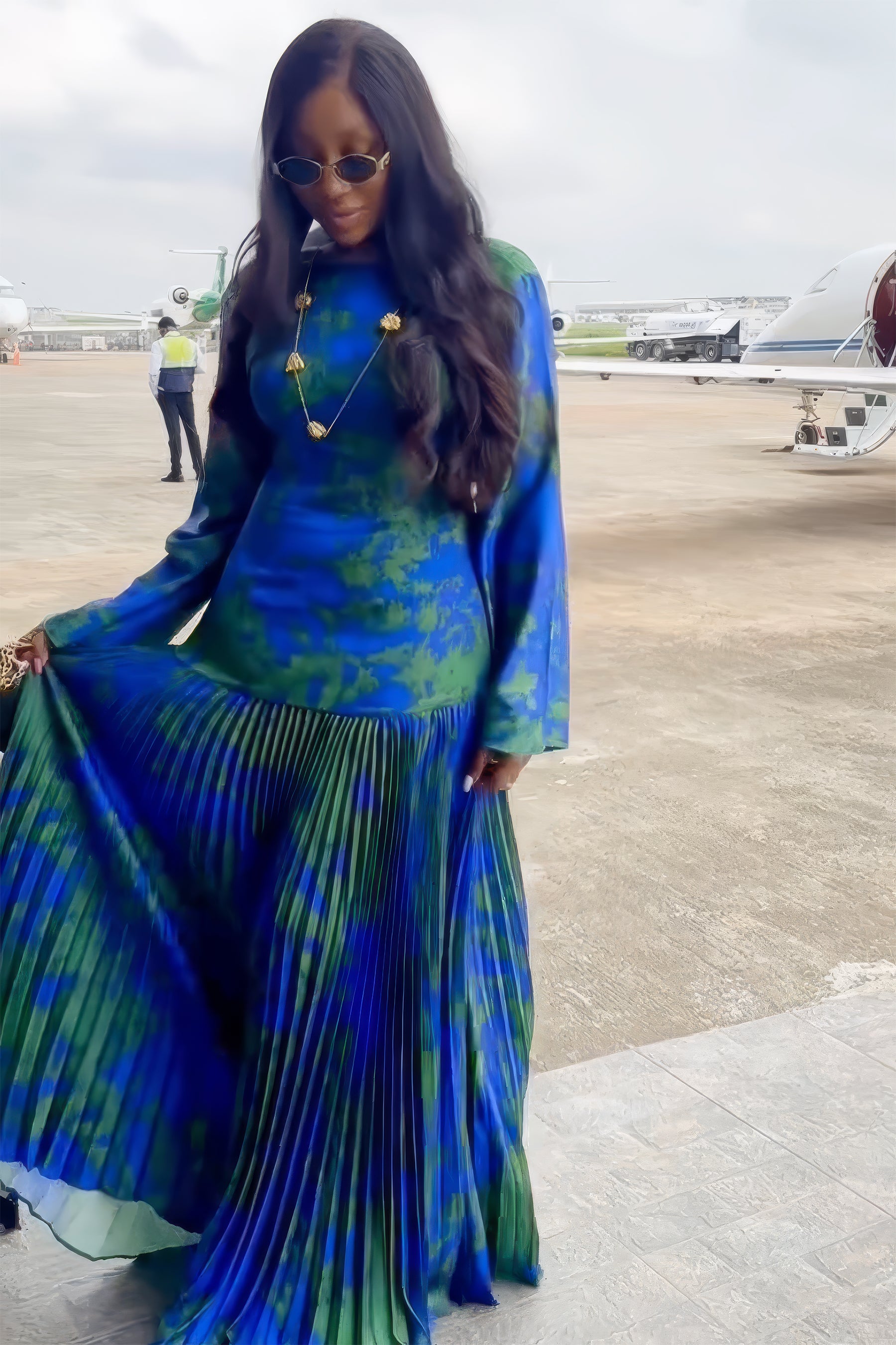 Artistic Print Deep V Pleated Maxi Dress