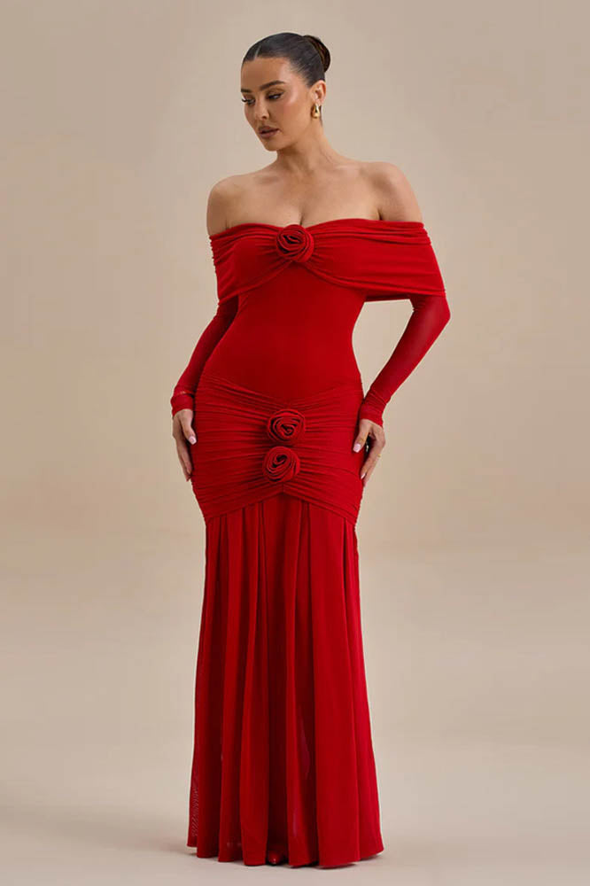 Off-Shoulder 3D Floral Bodycon Maxi Dresses