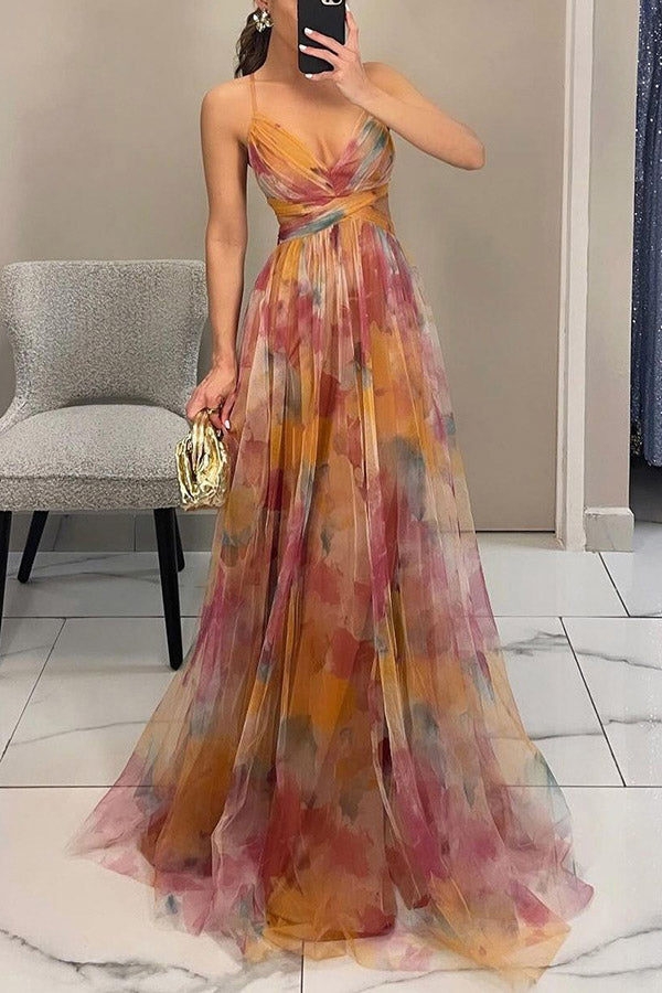 Painted Floral Print V-Neck A-Line Maxi Dress