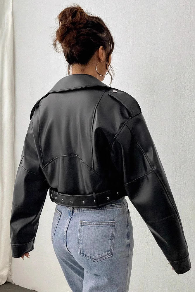 Cropped leather jacket with offset zipper collar