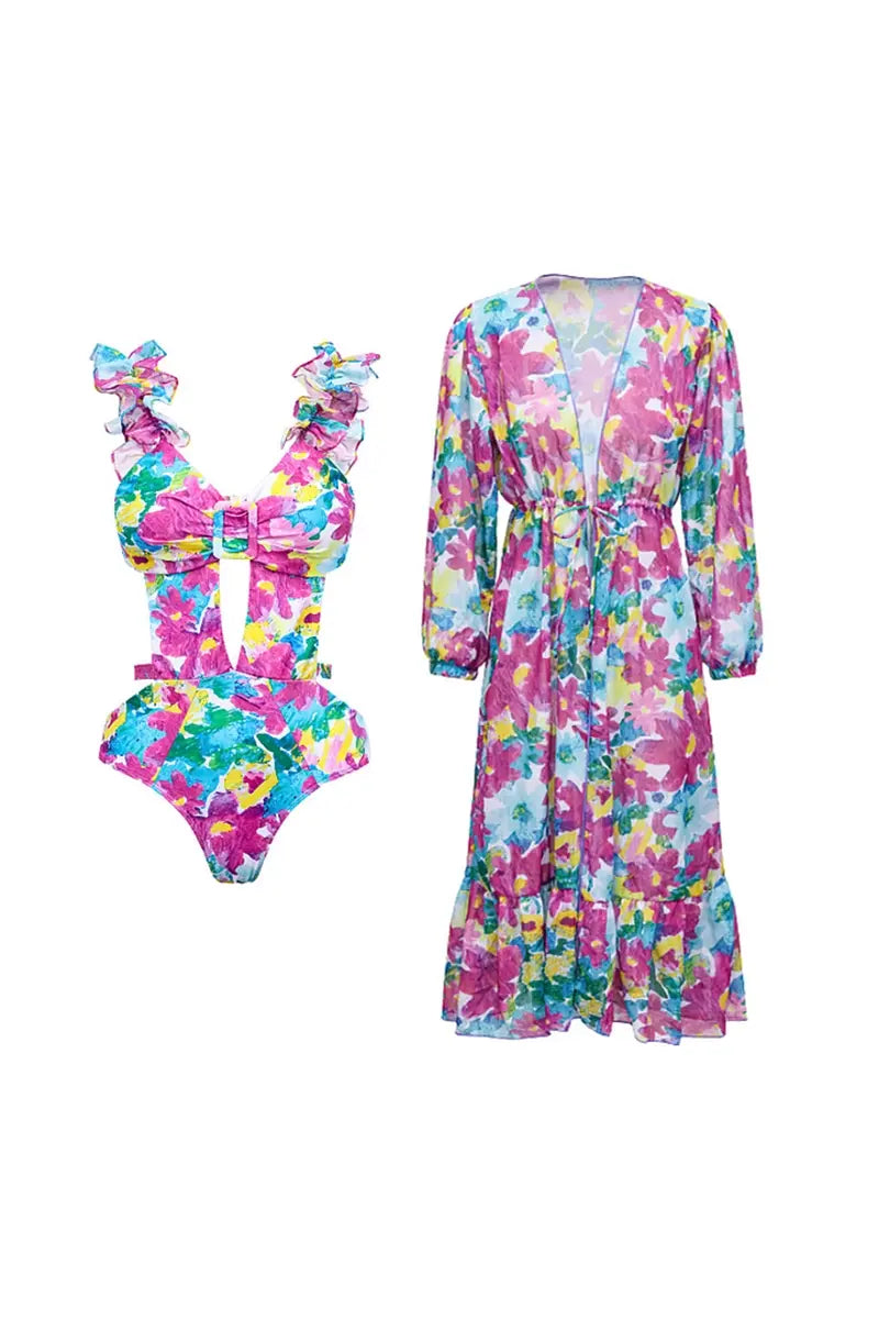 Cutout One Piece Swimsuit Set with Cover Up