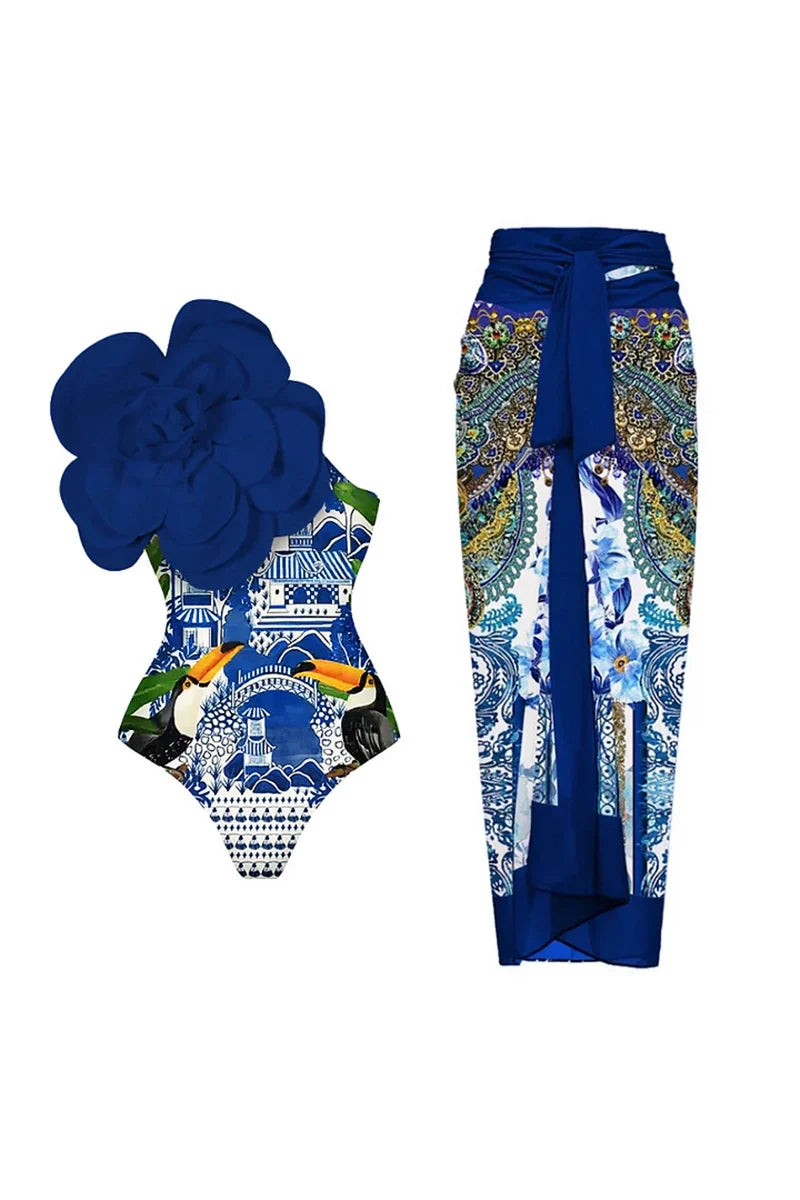 Blue 3D Floral Embellished Swimsuit