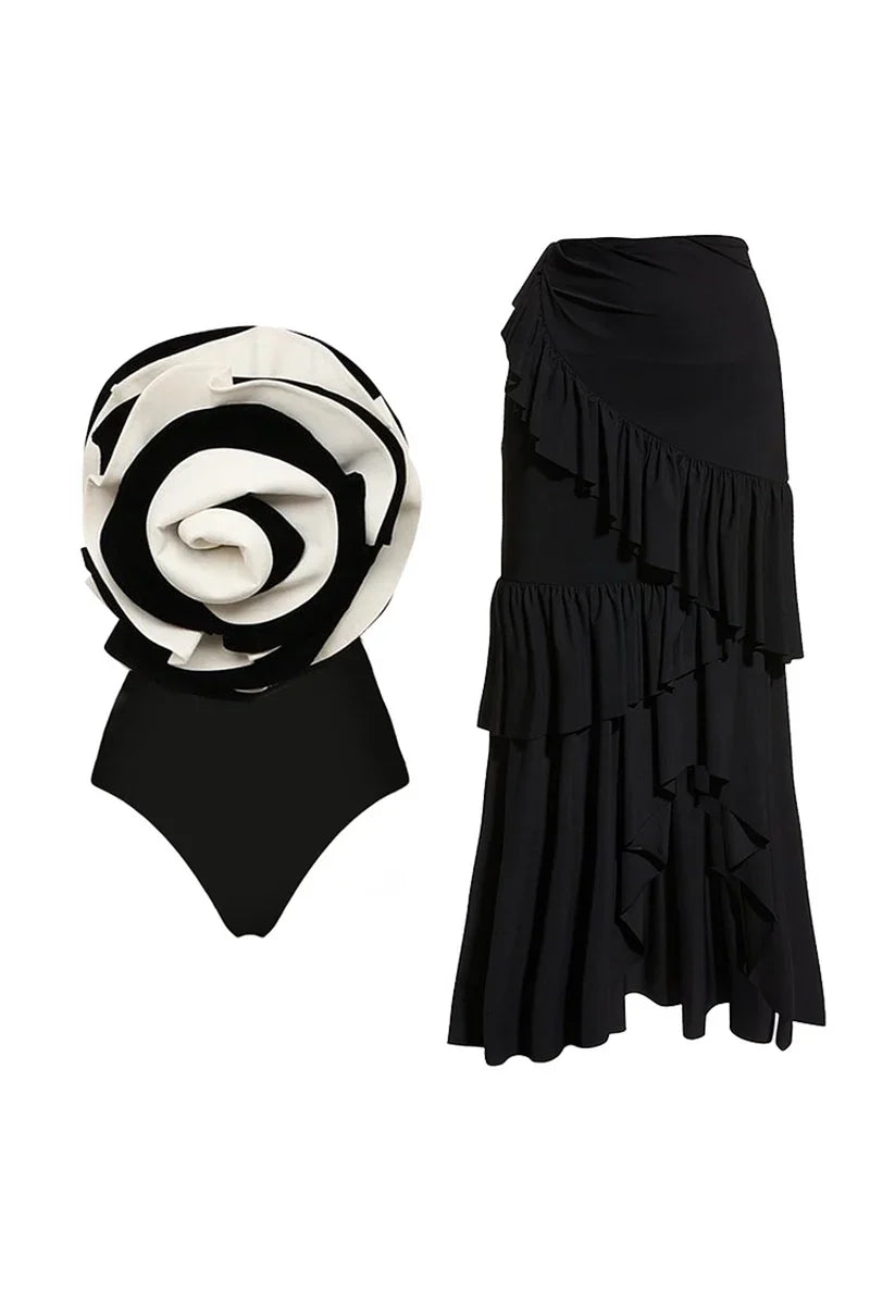 Black and White Floral Swimsuit Set