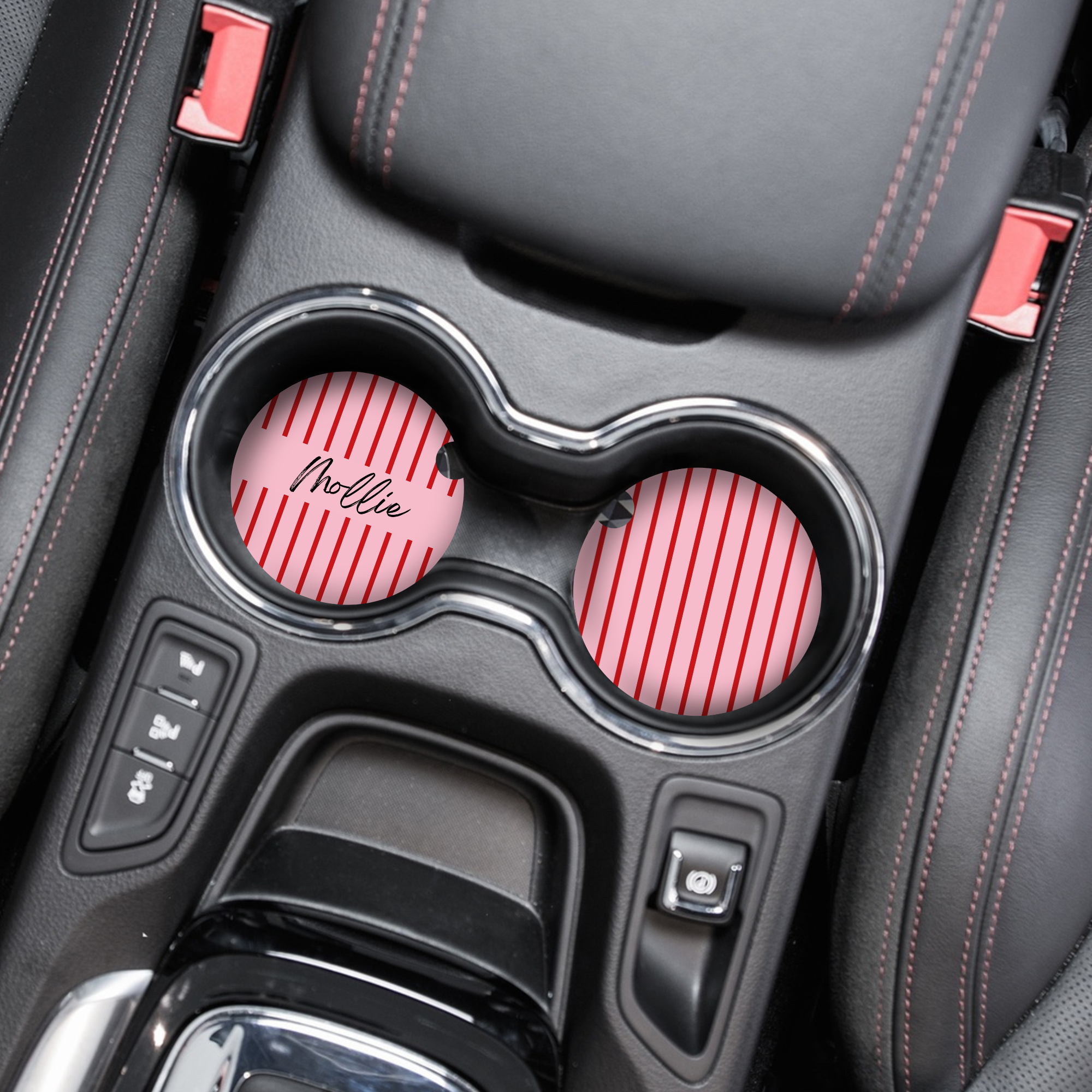 Kişiye Özel İsimli Araba Bardak Altlıkları - Kiraz Çizgili