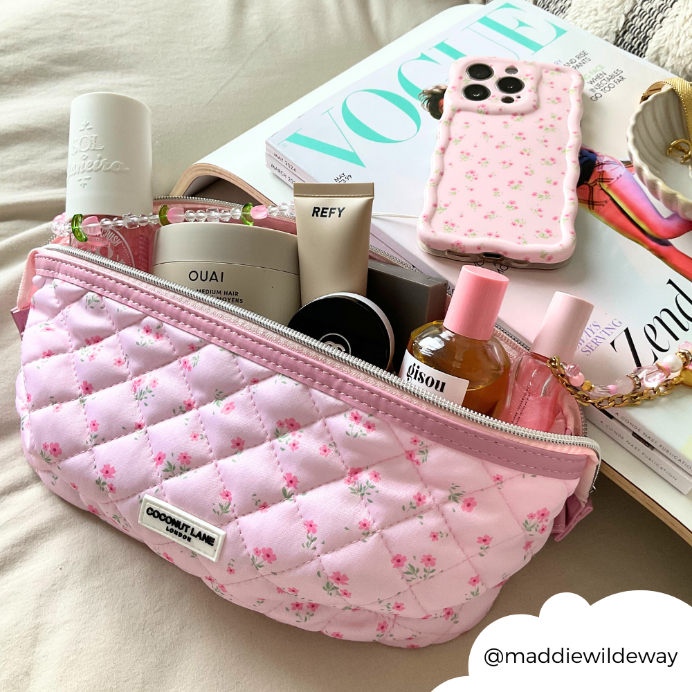 Genişletilebilir Makyaj Çantası - Kapitone Küçük Çiçekli Pembe