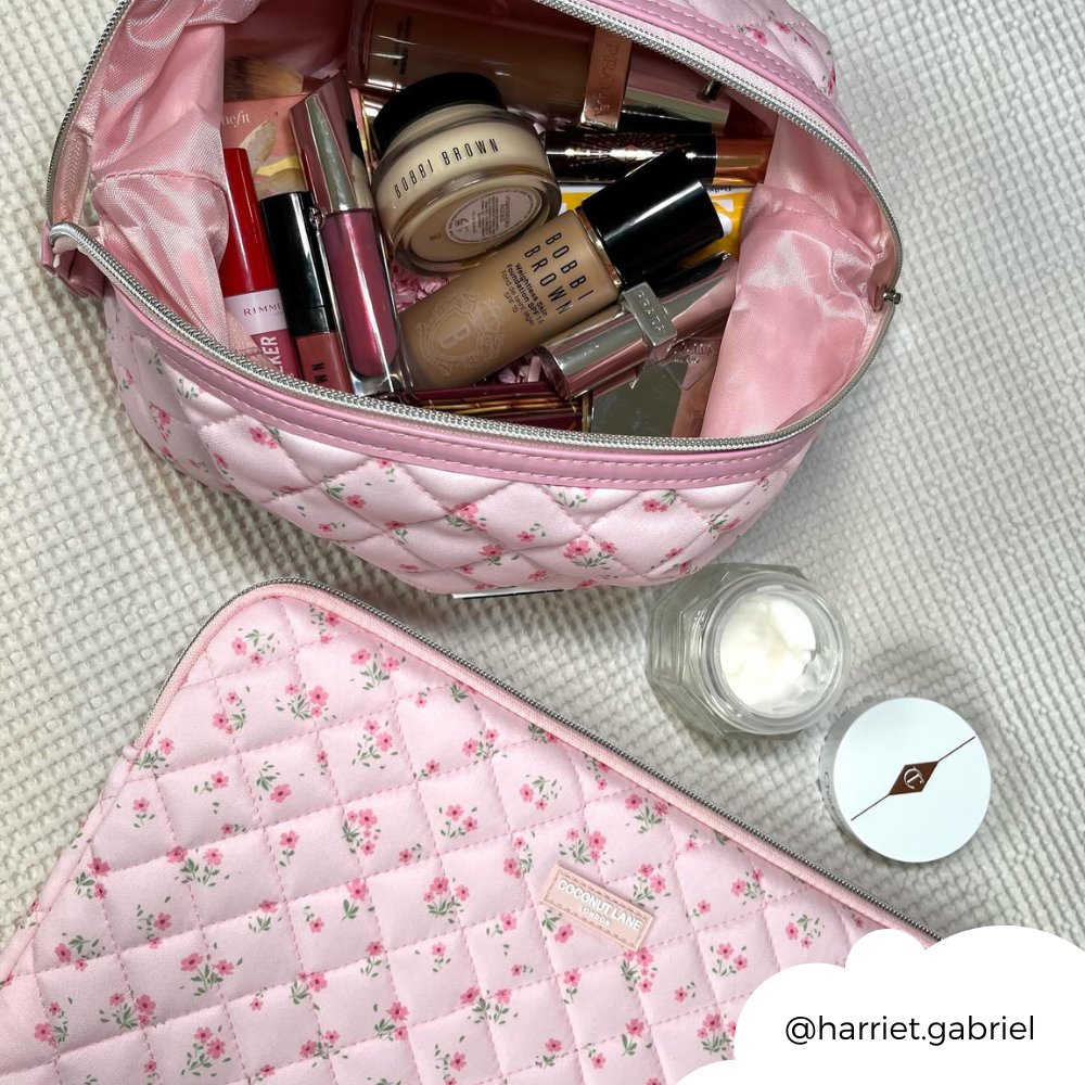 Genişletilebilir Makyaj Çantası - Kapitone Küçük Çiçekli Pembe