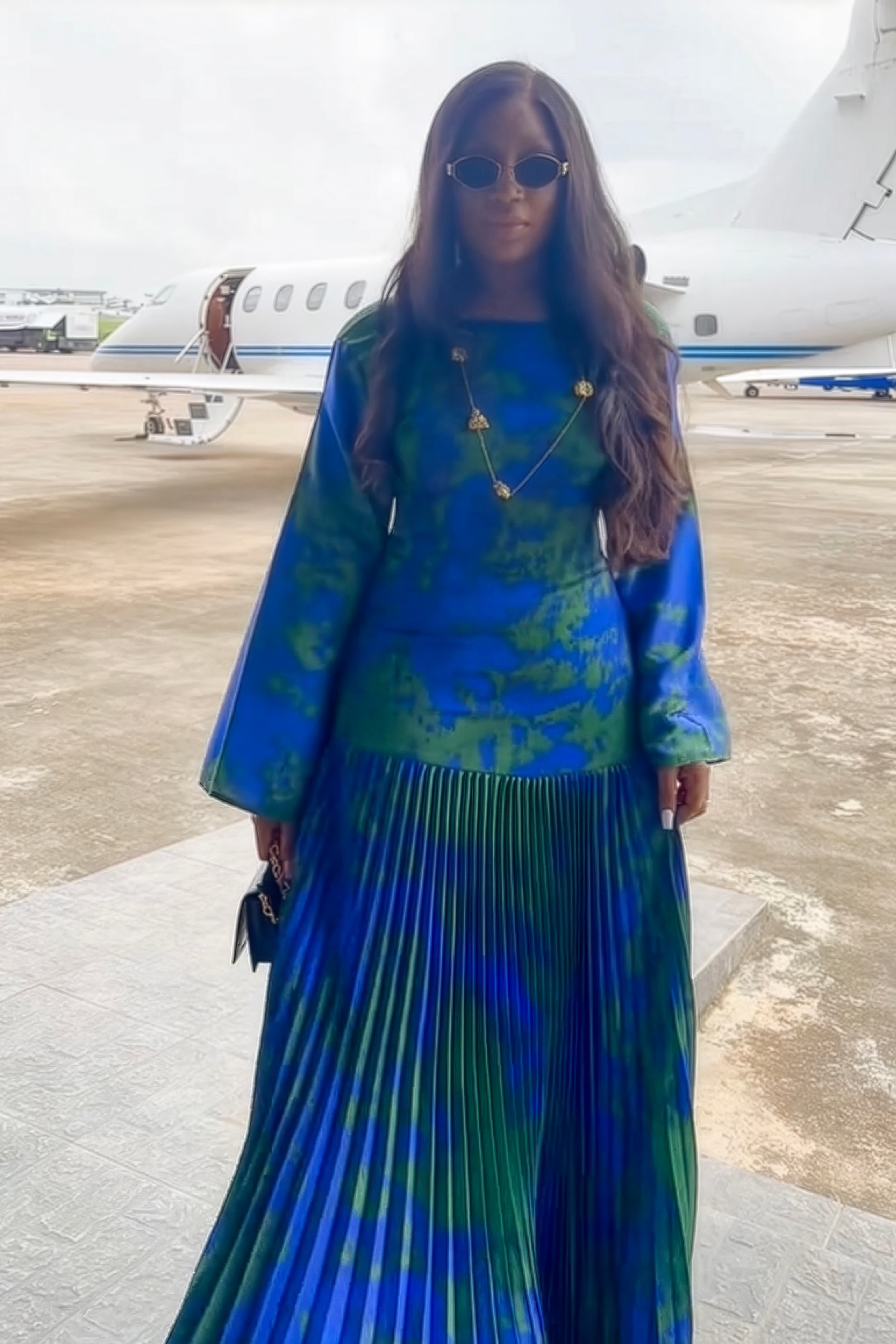 Artistic Print Deep V Pleated Maxi Dress