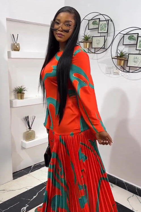 Artistic Print Deep V Pleated Maxi Dress