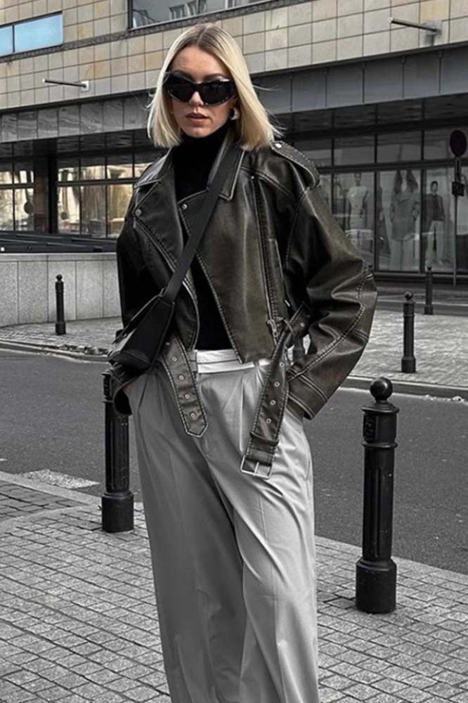 Cropped leather jacket with offset zipper collar