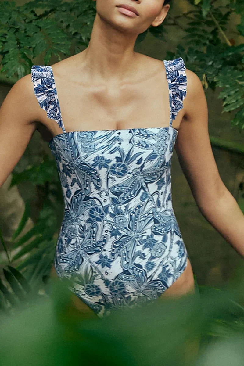 Blue Dragonfly Ruffle One-Piece Swimsuit