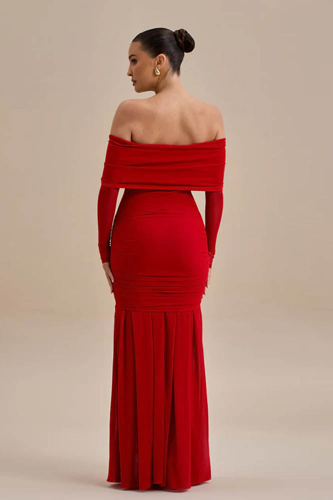 Off-Shoulder 3D Floral Bodycon Maxi Dresses