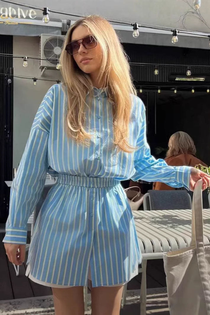 Blue Relaxed Striped Shirt Shorts Set