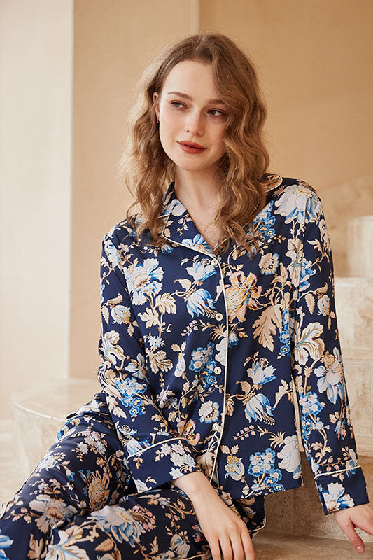 Begonia Flower Print Long-Sleeve Pajama Loungewear Set
