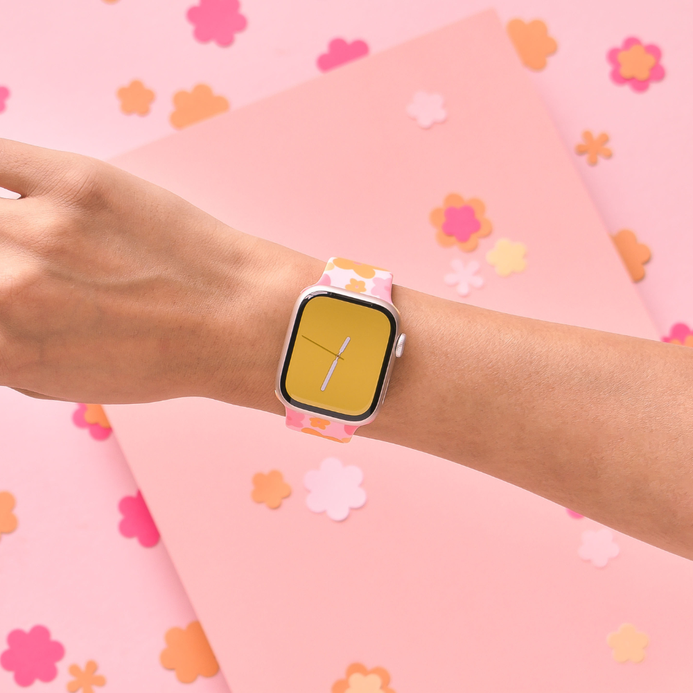 Pembe ve Turuncu Çiçek Desenli Apple Watch Kayışı