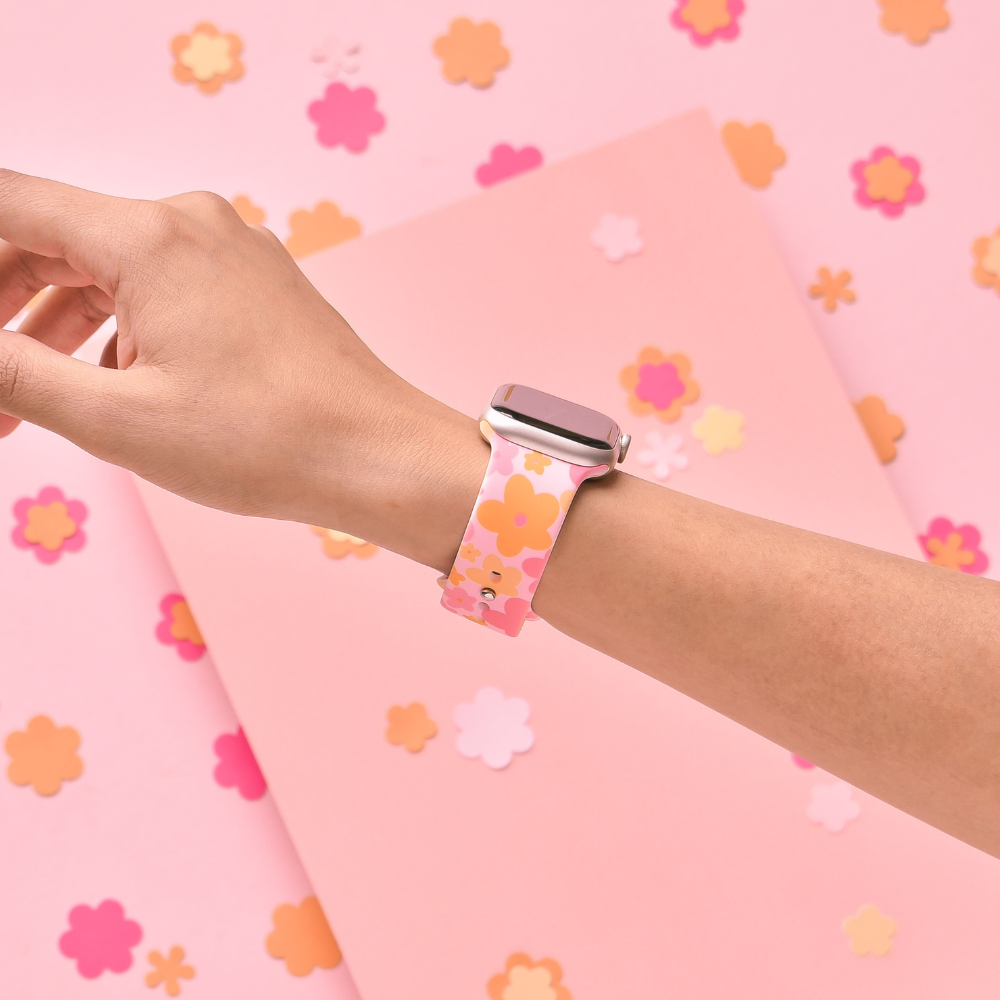 Pembe ve Turuncu Çiçek Desenli Apple Watch Kayışı