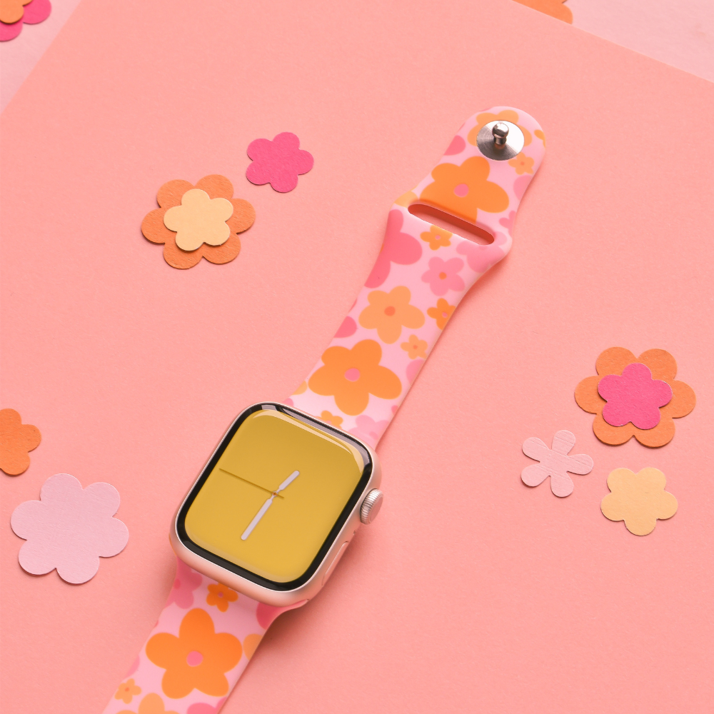 Pembe ve Turuncu Çiçek Desenli Apple Watch Kayışı