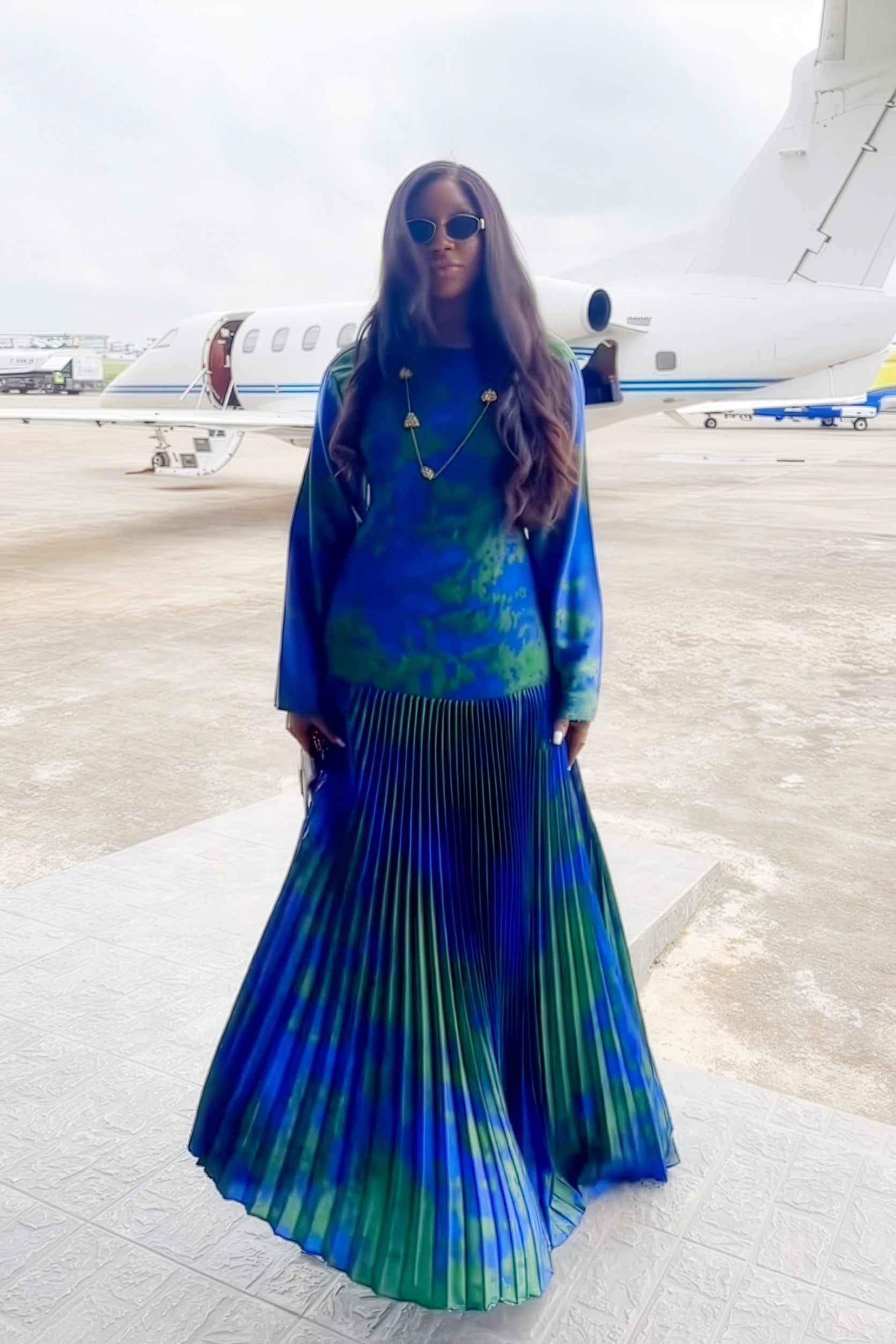 Artistic Print Deep V Pleated Maxi Dress