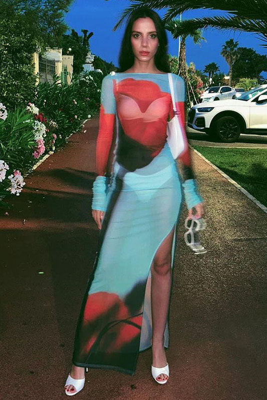 Abstract Print Sheer Maxi Dress
