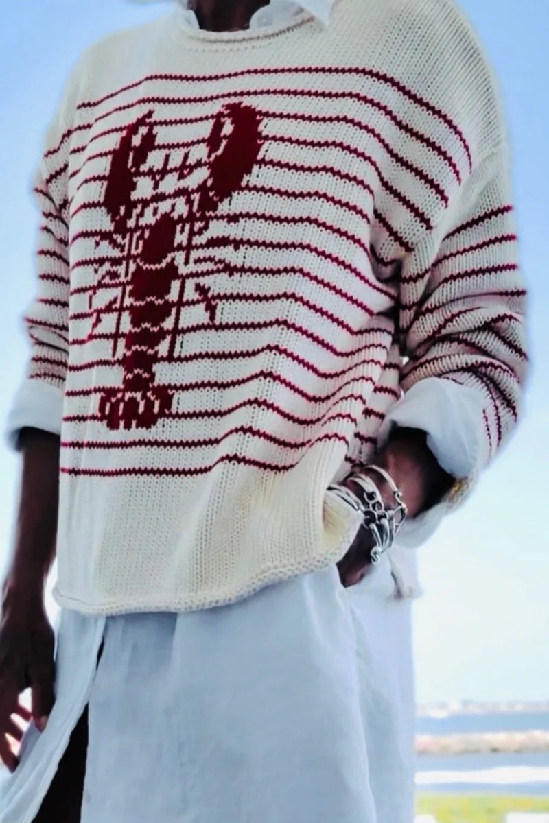 Cream & Red Striped Lobster Graphic Sweater