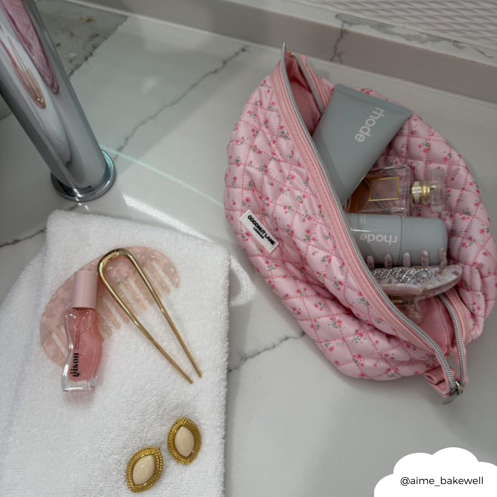 Genişletilebilir Makyaj Çantası - Kapitone Küçük Çiçekli Pembe