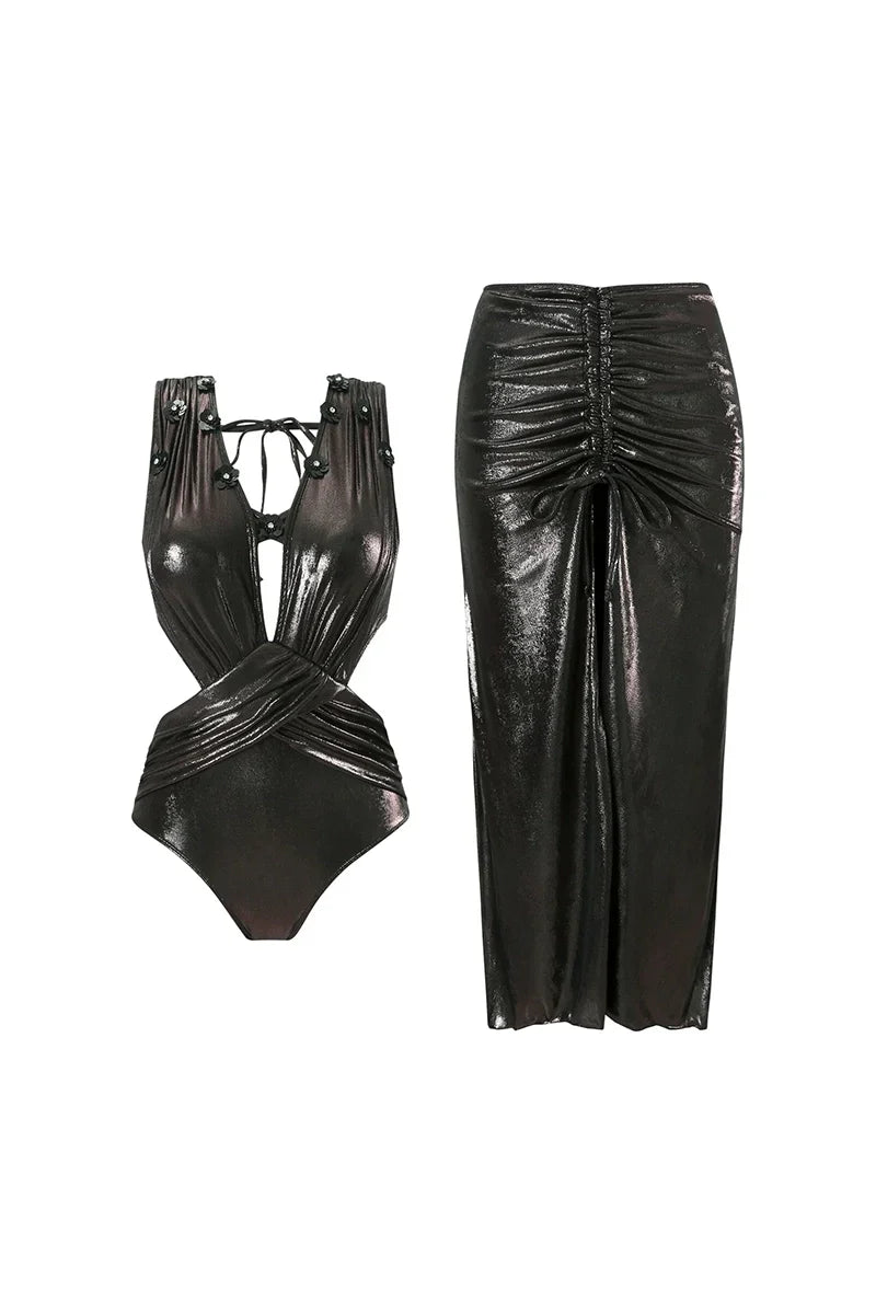 Black Sequin Appliqué Cutout Glossy Swimsuit