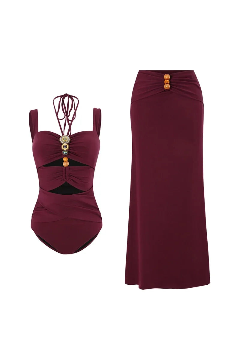 Burgundy Boho Beaded Cutout Swimsuit Set