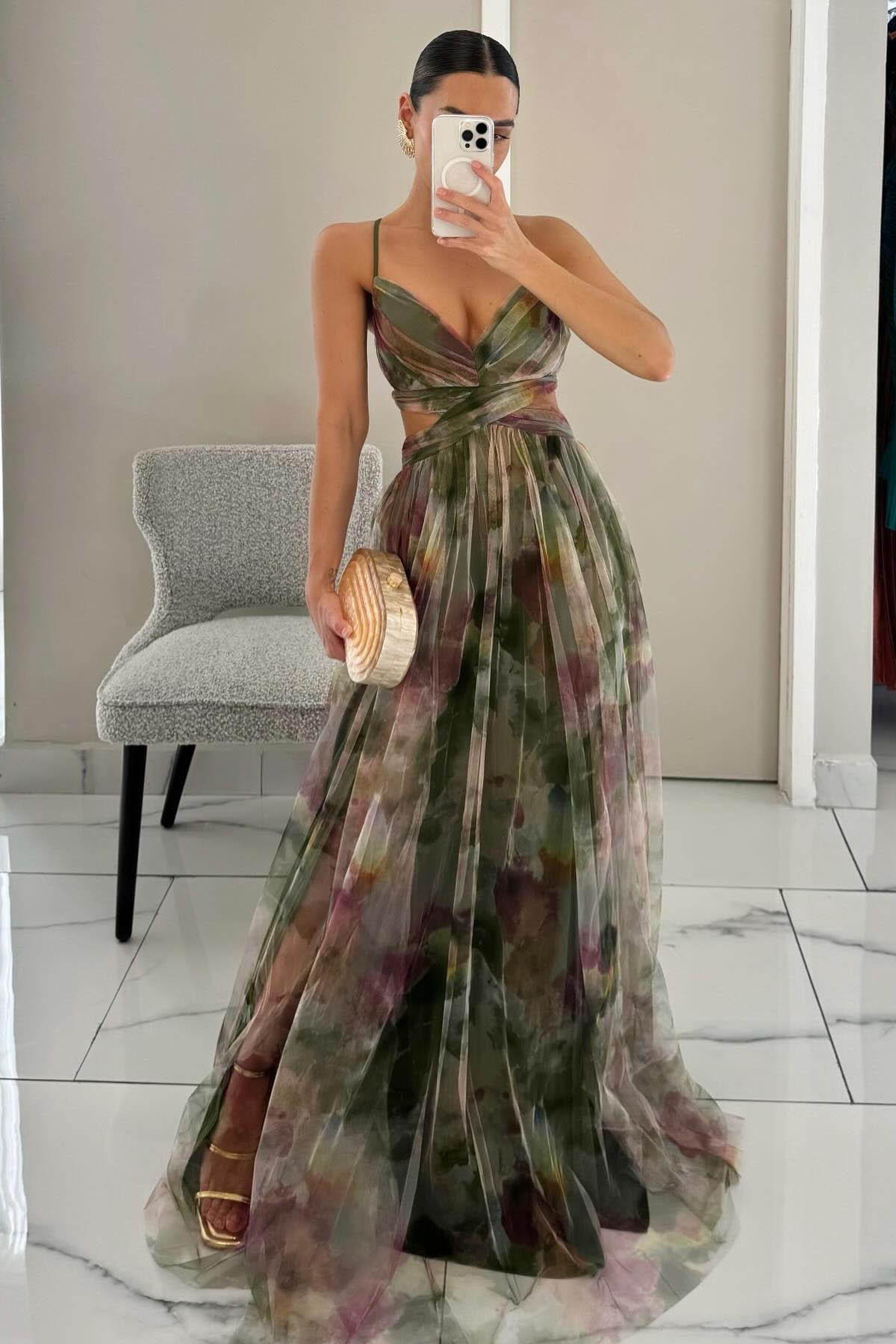 Painted Floral Print V-Neck A-Line Maxi Dress