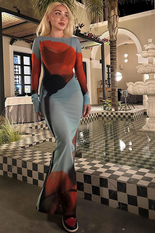 Abstract Print Sheer Maxi Dress