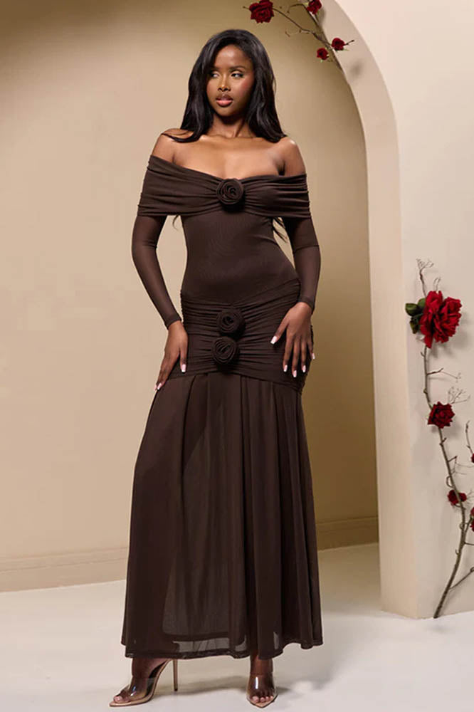 Off-Shoulder 3D Floral Bodycon Maxi Dresses