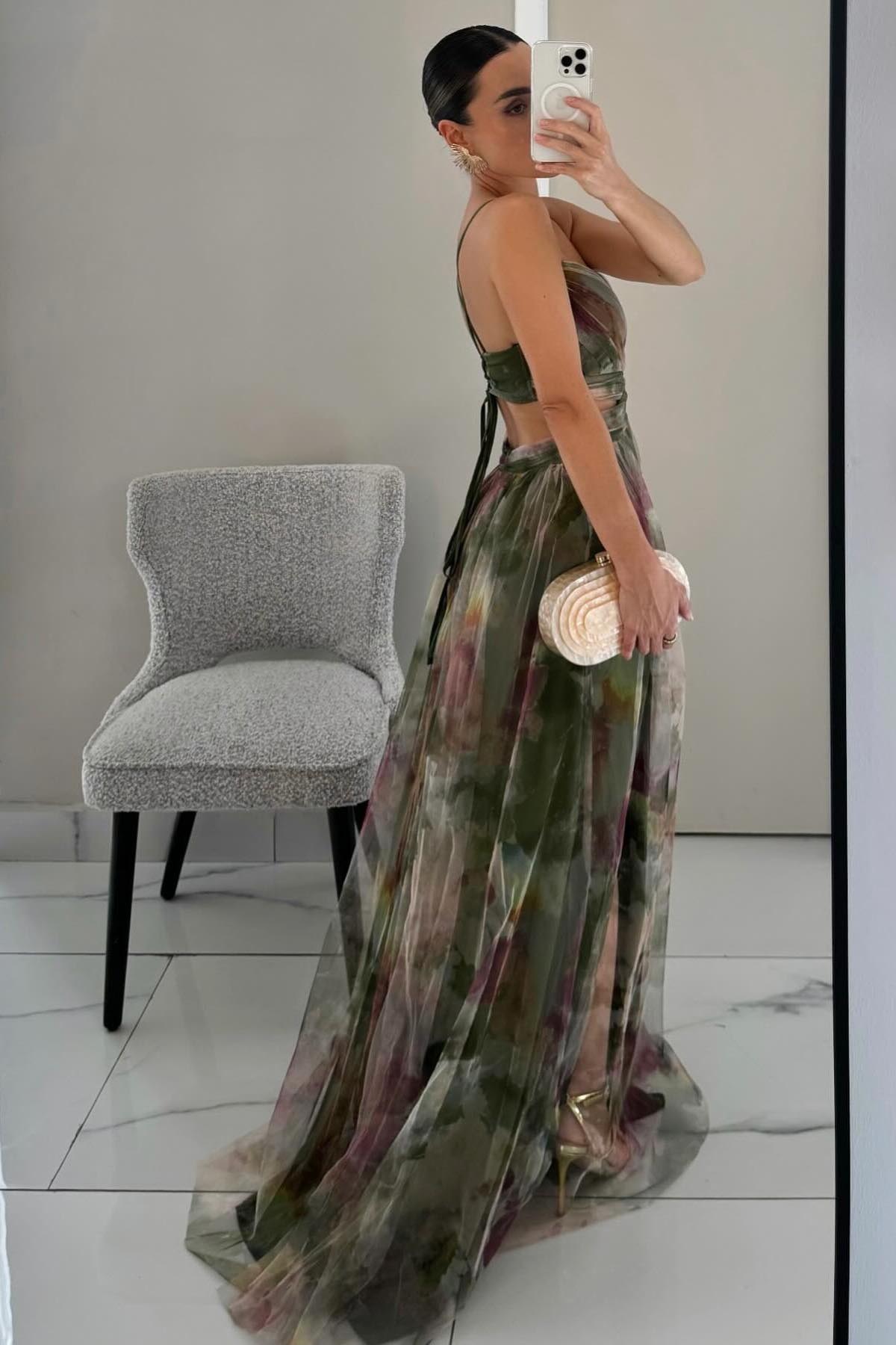 Painted Floral Print V-Neck A-Line Maxi Dress