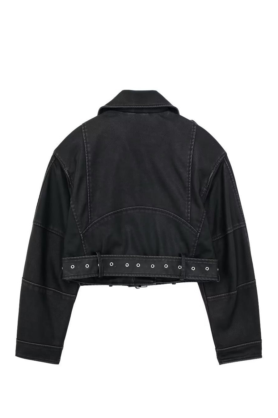 Cropped leather jacket with offset zipper collar