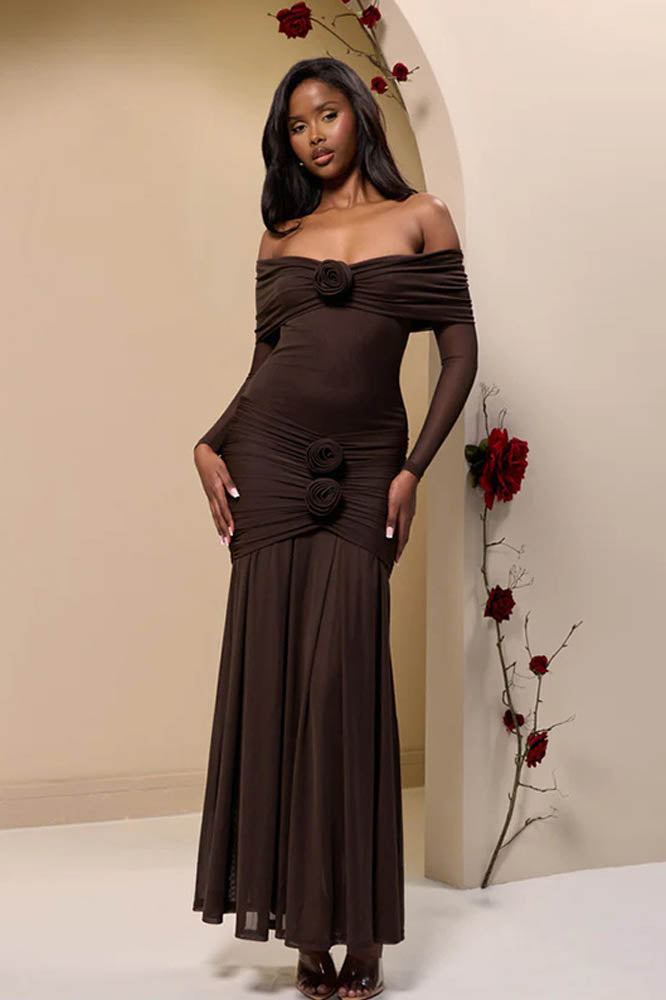 Off-Shoulder 3D Floral Bodycon Maxi Dresses