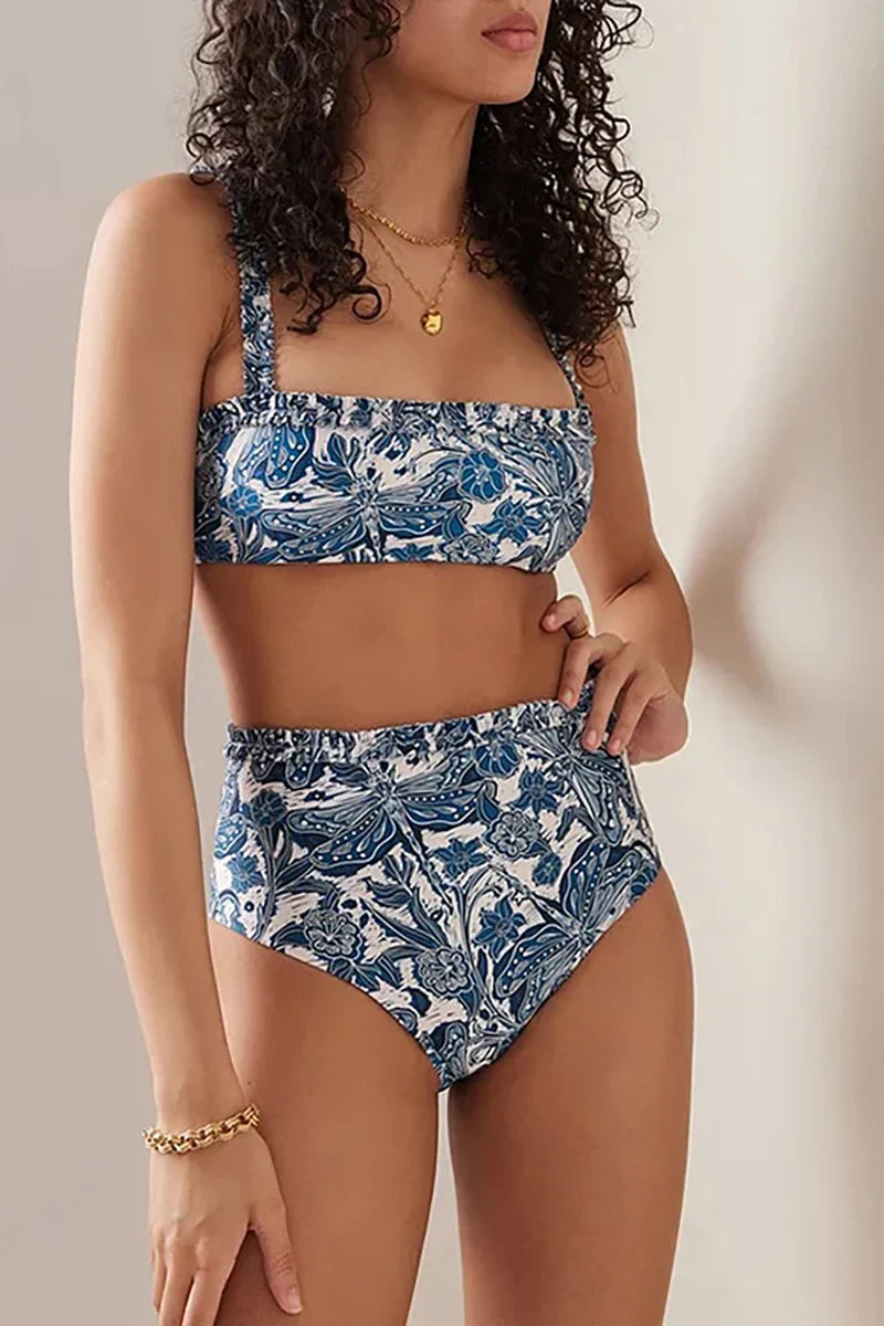 Blue Dragonfly Print Ruffle Bikini Set