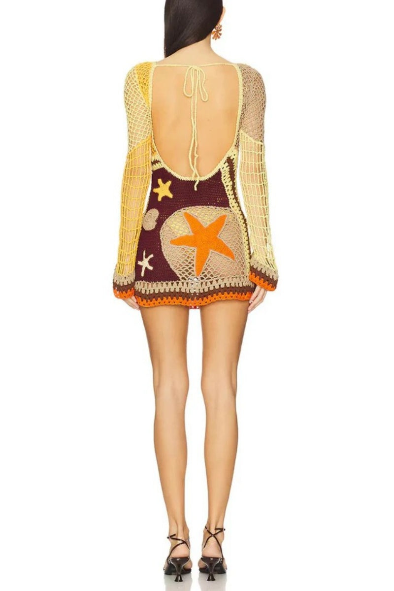 Coral Reef-Inspired Pattern Crochet Mini Dress