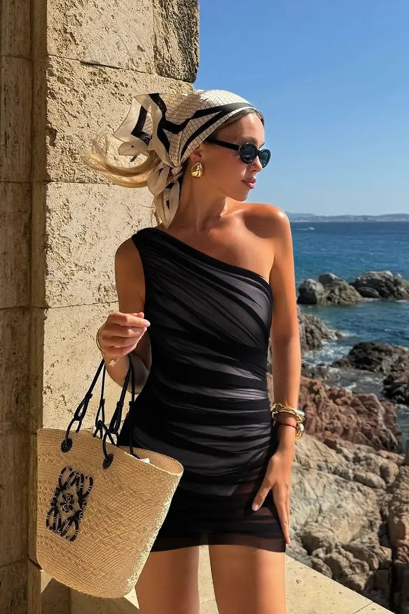 Black Mesh One Piece Swimsuit Set