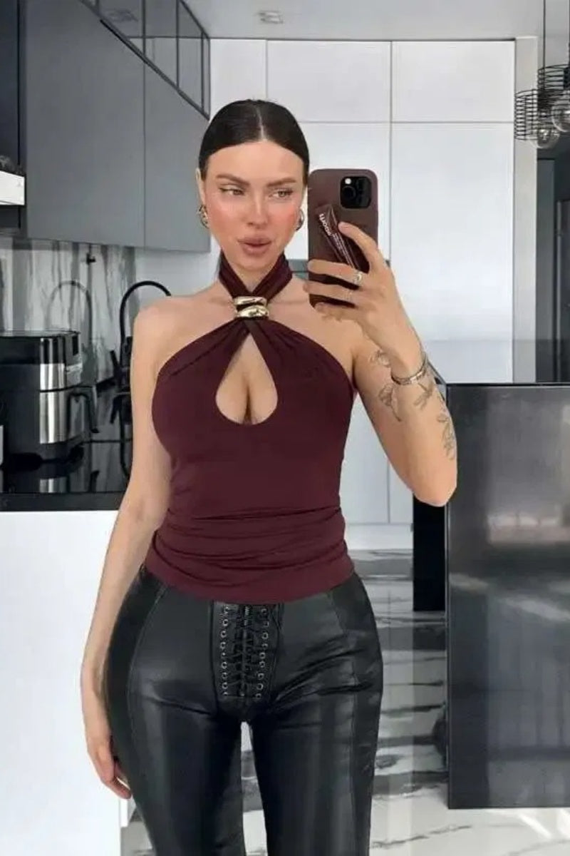 Crepe Halterneck Trim Detail Top