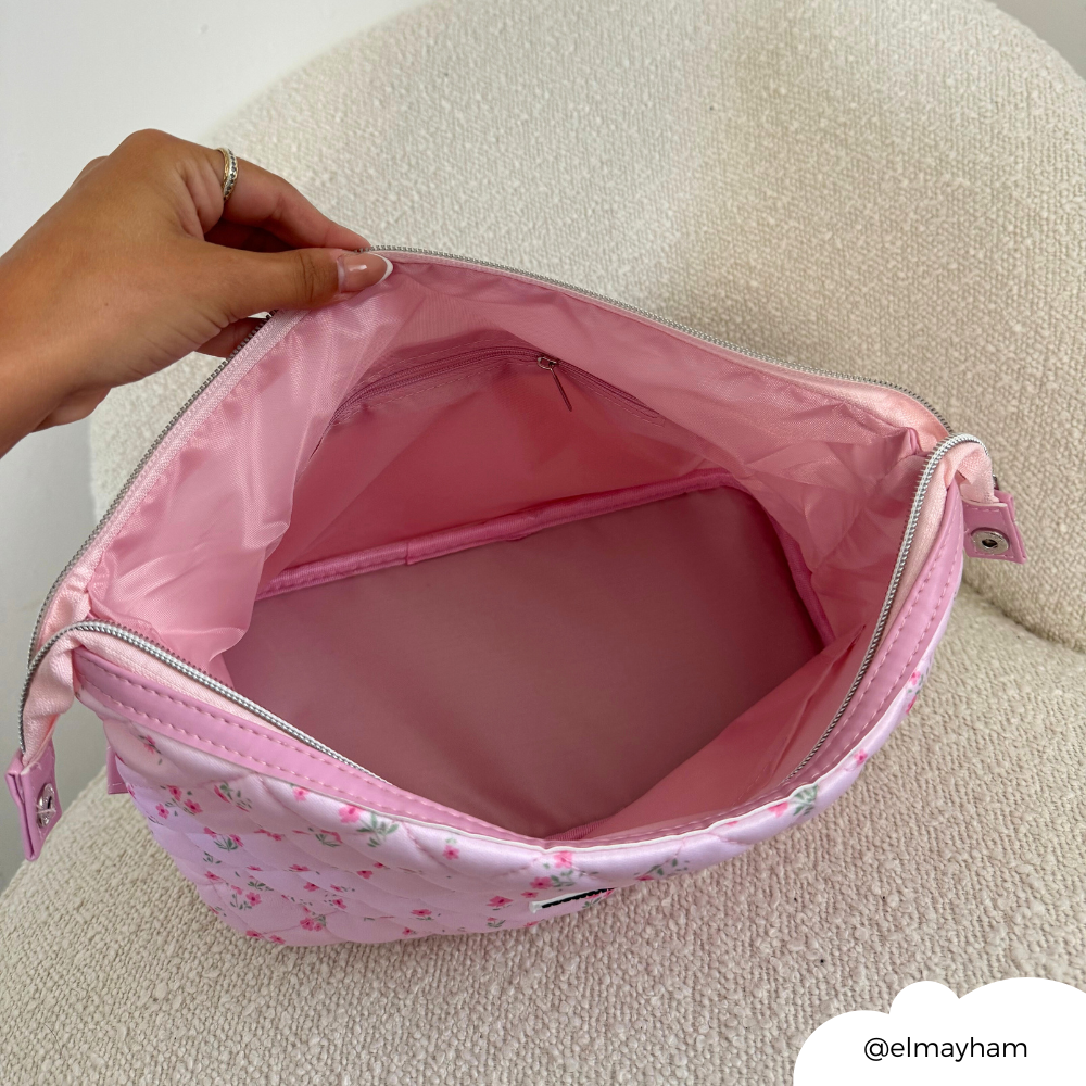 Genişletilebilir Makyaj Çantası - Kapitone Küçük Çiçekli Pembe