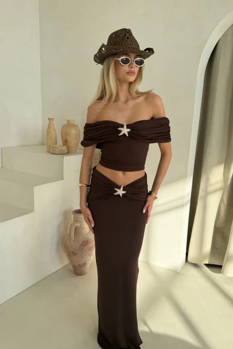 Off Shoulder Ruched Slit Tube Maxi Skirt Set