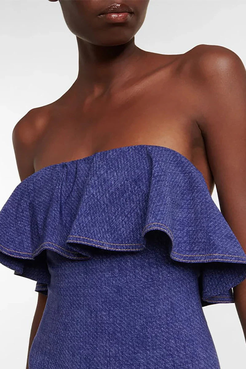 Denim Bandeau One Piece Swimsuit Set