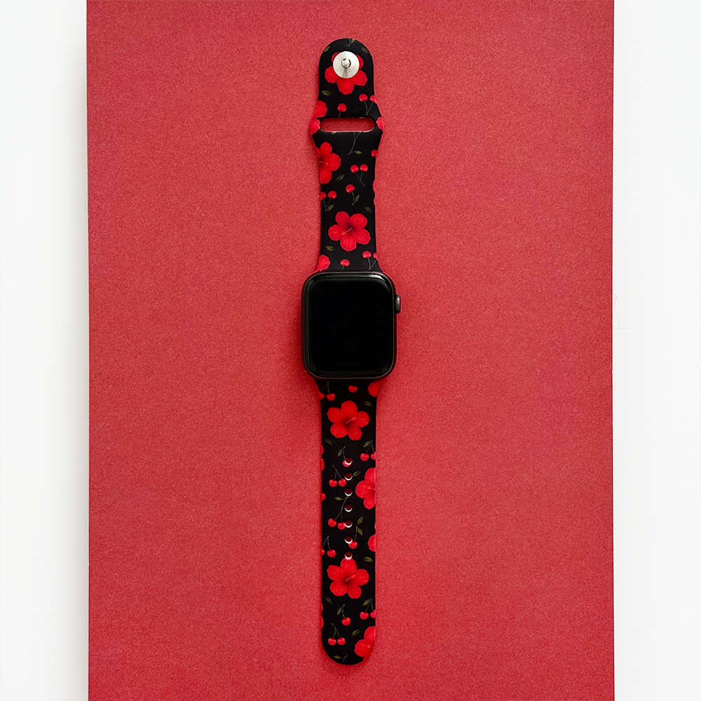 Kiraz ve Hibiskus Desenli Apple Watch Kayışı