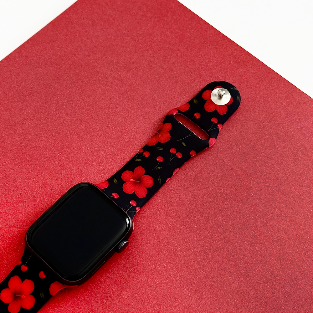 Kiraz ve Hibiskus Desenli Apple Watch Kayışı