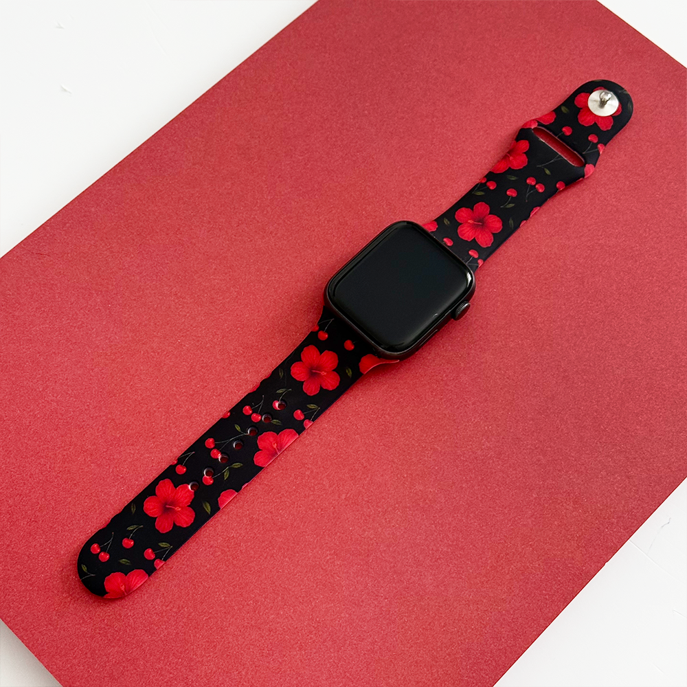Kiraz ve Hibiskus Desenli Apple Watch Kayışı