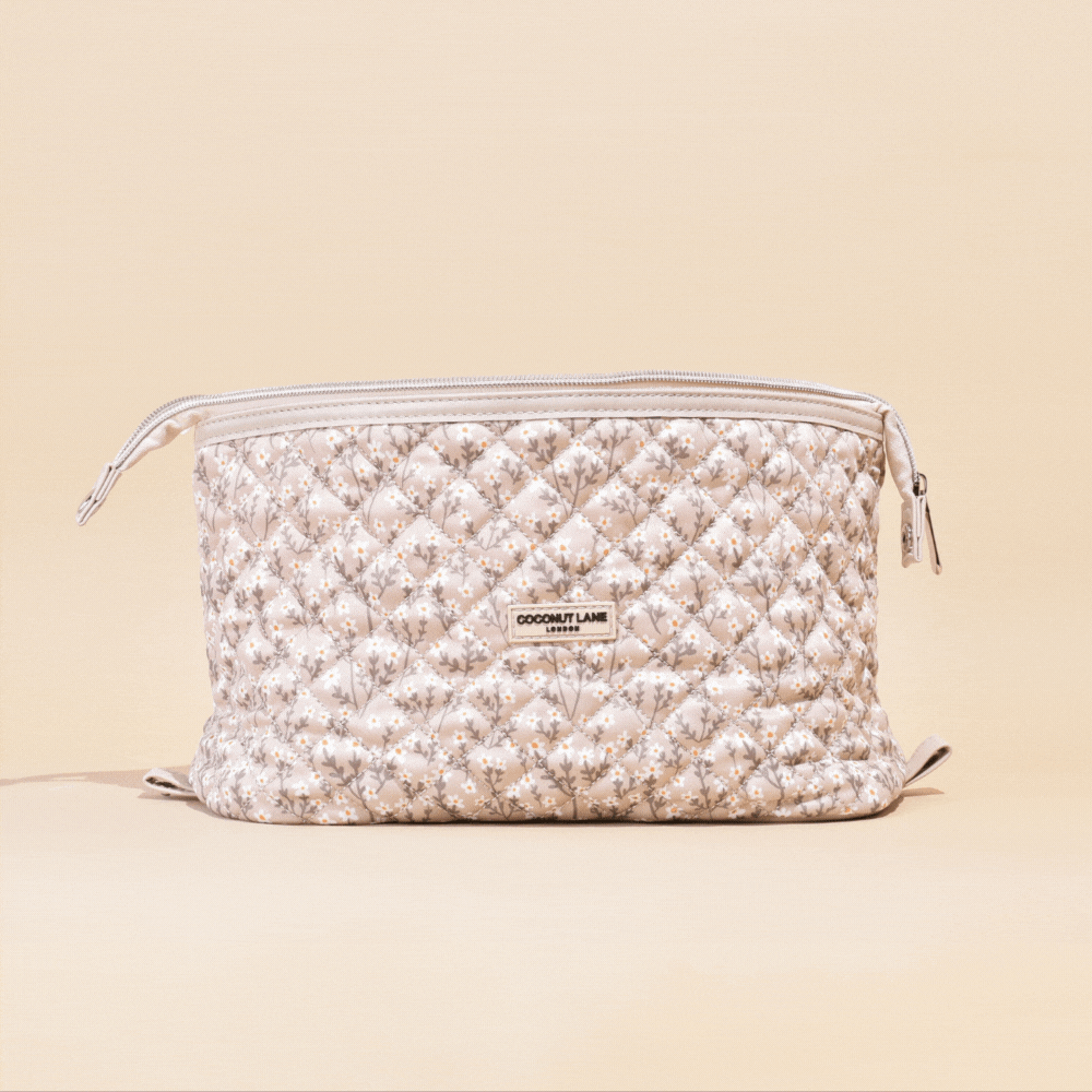 Genişletilebilir Makyaj Çantası - Kapitone Nude Çiçek Desenli
