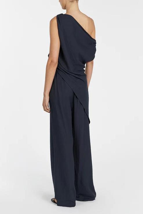 Asymmetrical Twist Detailing Top Linen Blend Pants Set