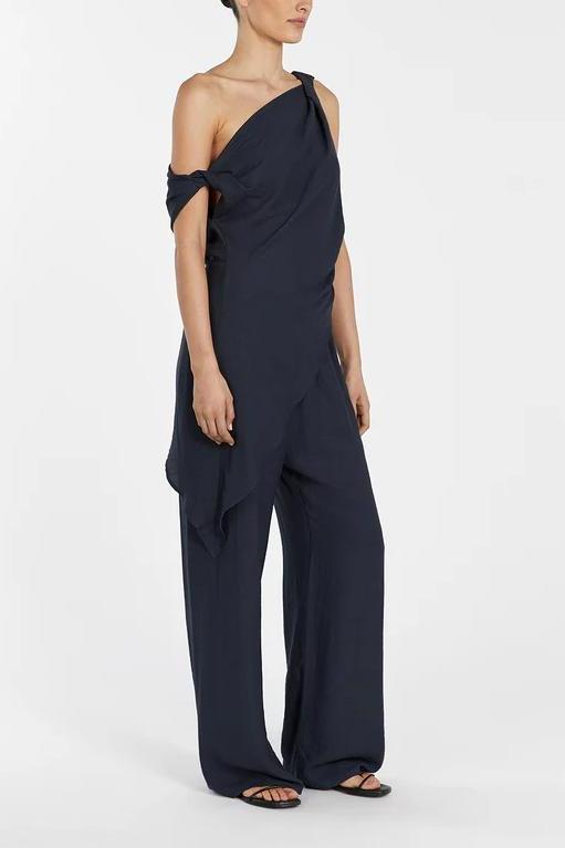 Asymmetrical Twist Detailing Top Linen Blend Pants Set