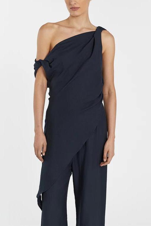 Asymmetrical Twist Detailing Top Linen Blend Pants Set